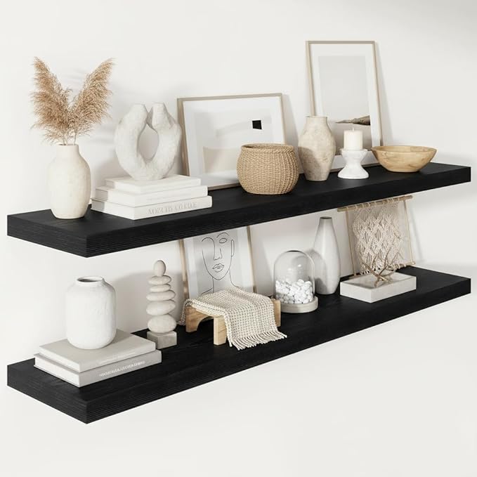 Vivelove 2" Thick Floating Shelves for Wall 55 Inches Long, 12" Deep Wall Shelves, for Bedroom, Bathroom, Living Room, Kitchen, Office, Modern Home Decor, 55" X 12" X 2", Set of 2, Black