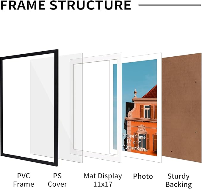 Rempry 13x19 Picture Frame, Display Pictures 11x17 with Mat or 13x19 Without Mat, Wall Hanging or Tabletop Photo Frame, Black Poster Frame, 1 Pack
