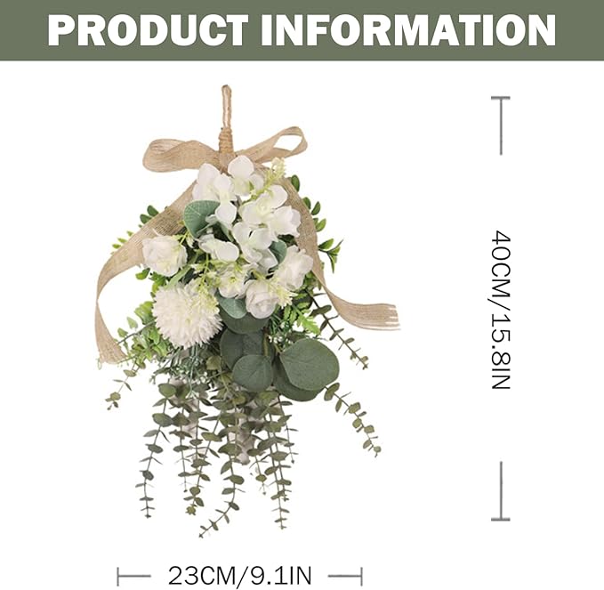 Gcroet Teardrop Wreath - White Artificial Floral Swag Eucalyptus and Chrysanthemum Hanging Decor for Wedding, Holiday, and Farmhouse Wall...