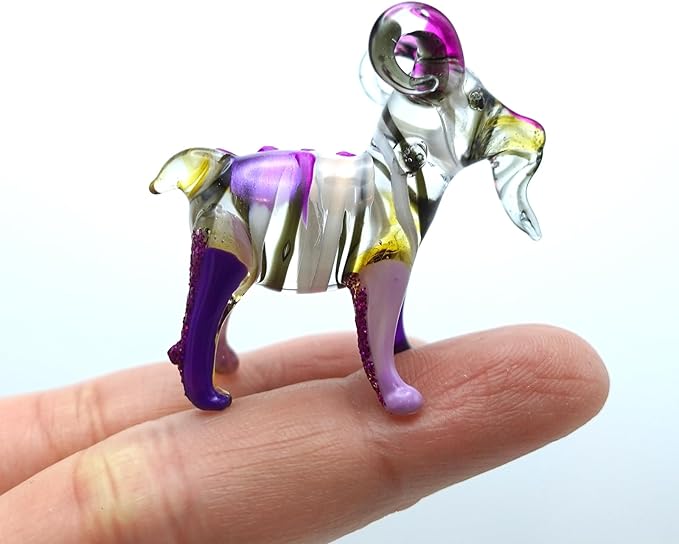 Goat Tiny Figurines Hand Blown Glass Art Animals Collectible Gift Home Décor (Marble Purple)