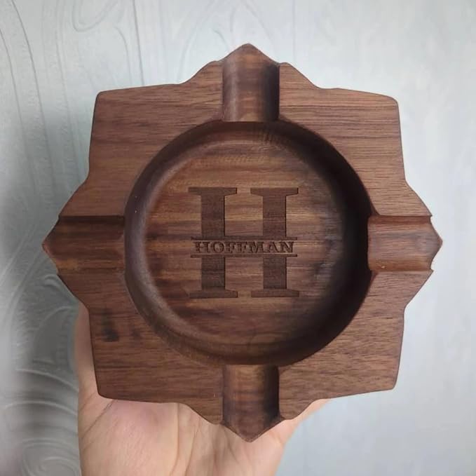 Personalized Name Walnut Cigar Ash Tray for Men Custom Wooden Cigar Ashtray Monogramed Men Ashtray Gifts for Father's Day Husband Fathers Groomsmen Papa Grandpa (Retro Tray)