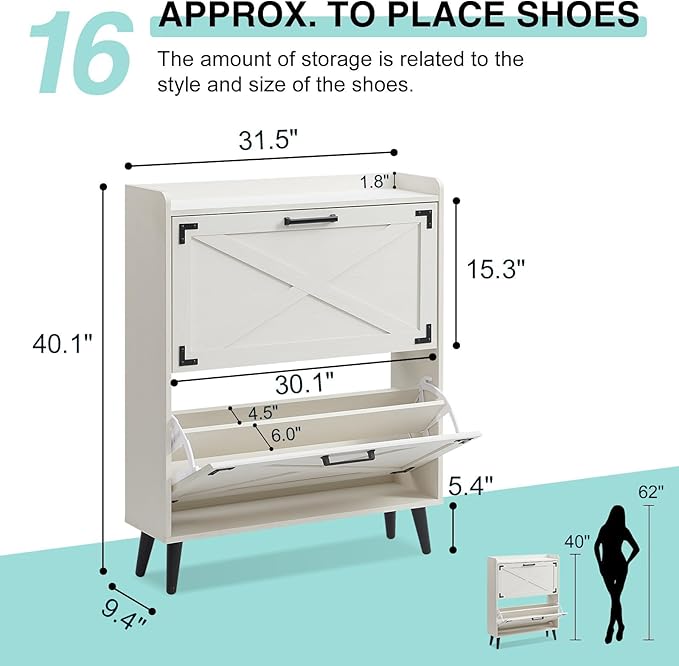 Shoe Storage Cabinet,Farmhouse Shoe Organizer with 2 Flip Drawers & Barn Door Design,Freestanding Hidden Slim Narrow Shoe Rack Cabinet for Entryway,Foyer,Hallway,Antique White
