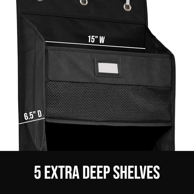 GORILLA GRIP Over The Door Organizer Storage, 5 Deep Hanging Shelves, Holds 50lbs, Closet Organizers Shelf for Bedroom, Shoes, Bathroom, Nursery, Dorm Essentials, 3 Metal Hooks, 58x15 Inches, Black