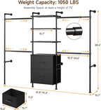 ONBRILL T2 Wall Mounted Industrial Pipe Clothing Rack, Closet Organizers and Storage System with 2 Drawers, 6 Wooden Shelves & 4 Expandable Rods, Heavy Duty Garment Rack, Wardrobe (Black))