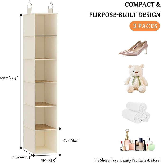 VERONLY Hanging Closet Shelf Shoe Organizer Set of 2 with Woven Bamboo Shelves,11.5 x 31.5 x 5.5 in, 6-Tier Design for Space-Saving Storage,Beige