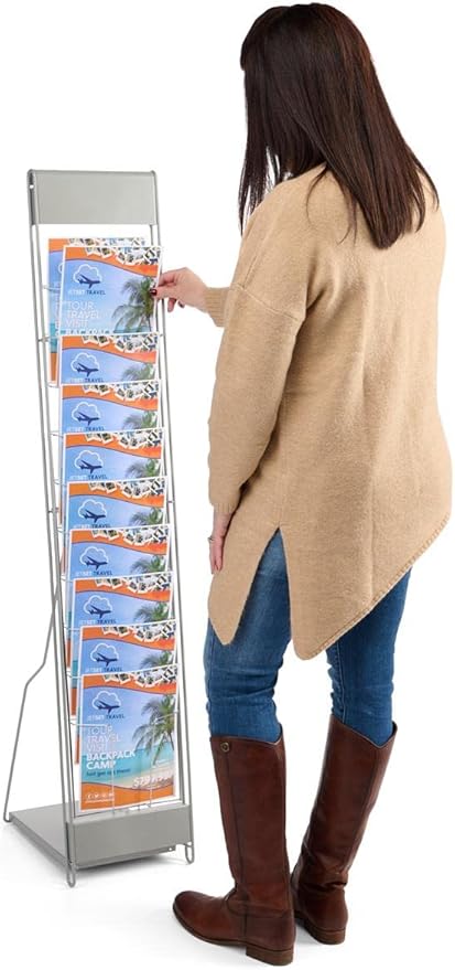 Displays2go Portable Literature Stand with 10 Pockets for 8.5x11 Magazines, Carrying Bag Included, 54" h Floor-Standing Magazine Rack with Tiered Design, Steel (Silver)