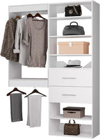 ROOMTEC Modular Closet System, 61" Wall Mounted Closet Organizer with Hanging Rods and Drawers, Wooden Tower for Walk-In Closets, Wardrobe Storage Kit, White
