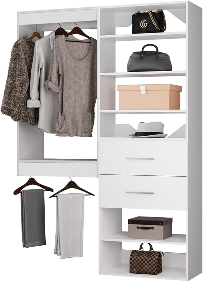 ROOMTEC Modular Closet System, 61" Wall Mounted Closet Organizer with Hanging Rods and Drawers, Wooden Tower for Walk-In Closets, Wardrobe Storage Kit, White