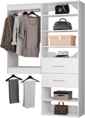 ROOMTEC Modular Closet System, 46" Wall Mounted Closet Organizer with Hanging Rods and Drawers, Wooden Tower for Walk-In Closets, Wardrobe Storage Kit, White