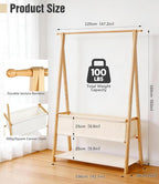 Bamboo Clothes Rack with Storage Box and Storage Shelf, Portable Extra Large Garment Rack Clothing Rack, Foldable Wardrobe For Entryway and Bed Room (L - 47.2 Inch)