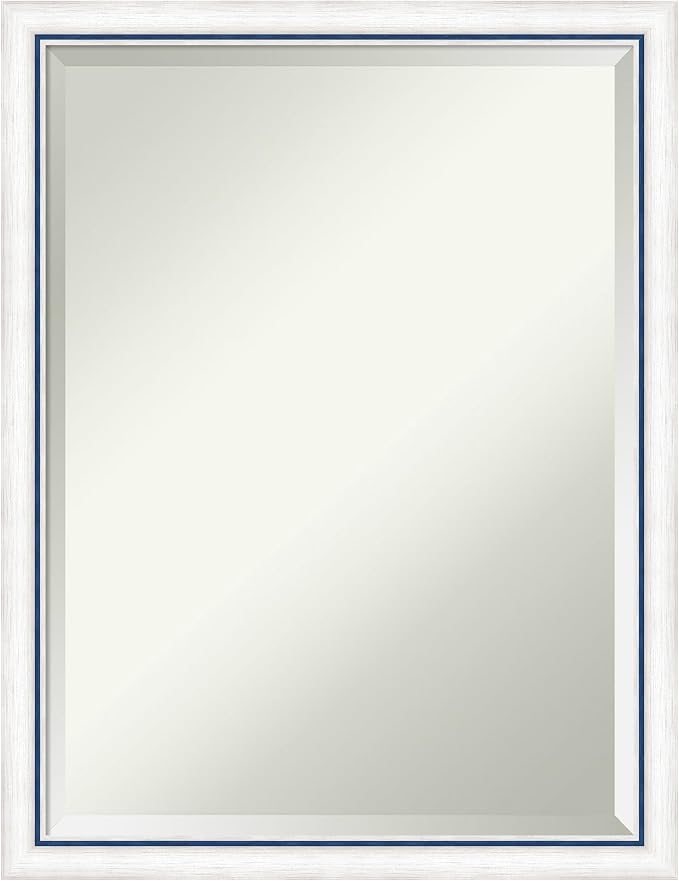Amanti Art White Wall Mirror 26x20 Morgan White Blue Rectangle Bathroom Mirror for Wall Decor Living Room, Medium Modern Wood Frame, Hangs Horizonally and Vertically, Bathroom Decor, Beveled Edge