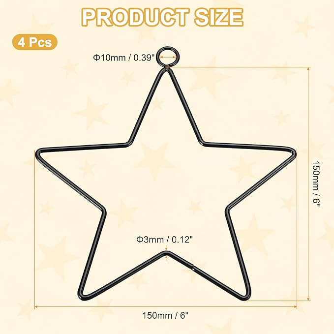 MECCANIXITY 4 Pcs Star Dream Catcher Rings, 6" Dream Catcher Metal Hoops Macrame Wreath Rings Pentagram Floral Hoops for DIY Craft Making Home Wedding Wall Hanging Decoration, Black