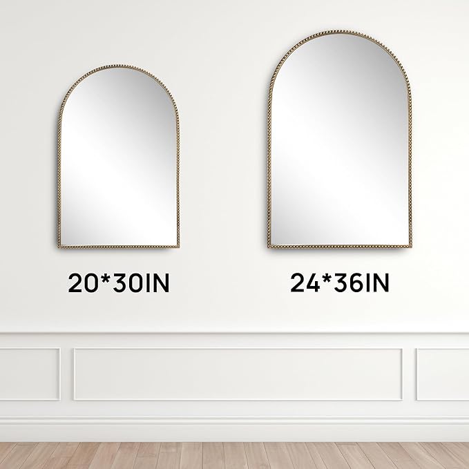 Antique Gold 24"x36" Arched Wall Mirror with Metal Beaded Frame - Decorative Accent Wall Mirror for Bathroom, Bedroom, Living Room, Entryway