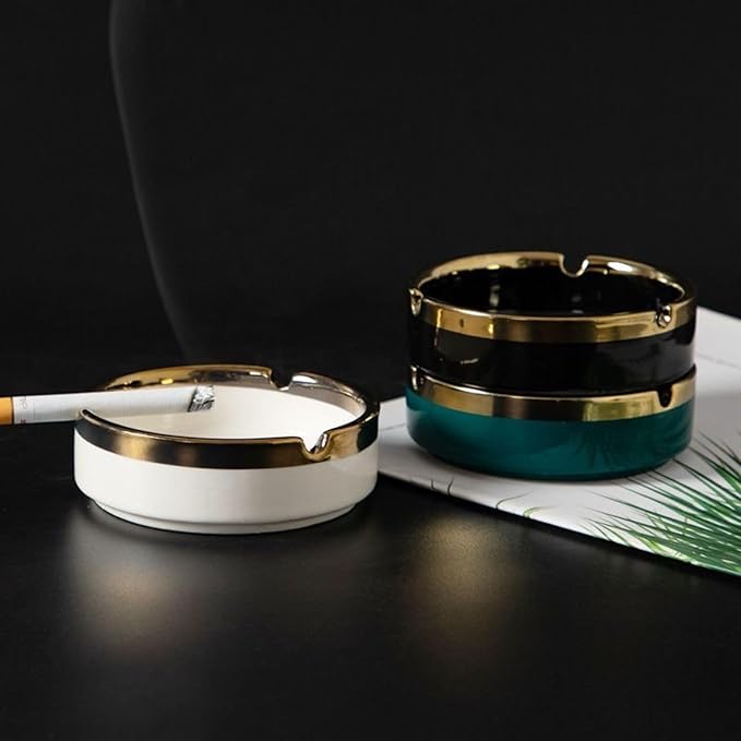 Saim Ceramic Cigar Ashtray for Men - Retro Round Desktop Ash Tray with Gold Edge, Anti-Slip Bottom, for Home Office Patio Outdoor Smoking (White)