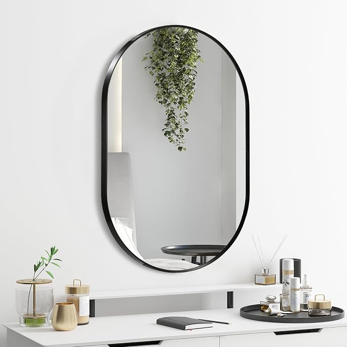 Black Oval Mirror, 17"x30" Oval Bathroom Mirror, Vanity Mirror with Brushed Metal Frame, Wall Mount Mirrors Decor for Bathroom, Bedroom, Entryway, Living Room(Hangs Horizontally or Vertically)