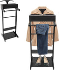 Wood Mens Valet Stand with Top Tray, Drawer, Contour Hanger, Trouser Bar, Shoe Rack, Suit Valet Stand Clothes Rack Clothes Stand for Home Entryway Living Room Office Shopping Mall, Black