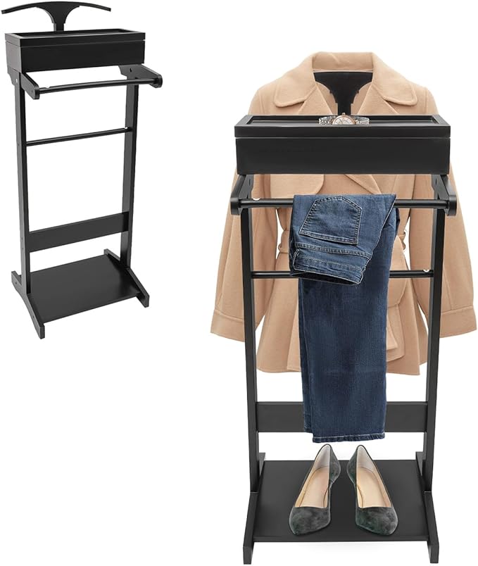 Wood Mens Valet Stand with Top Tray, Drawer, Contour Hanger, Trouser Bar, Shoe Rack, Suit Valet Stand Clothes Rack Clothes Stand for Home Entryway Living Room Office Shopping Mall, Black