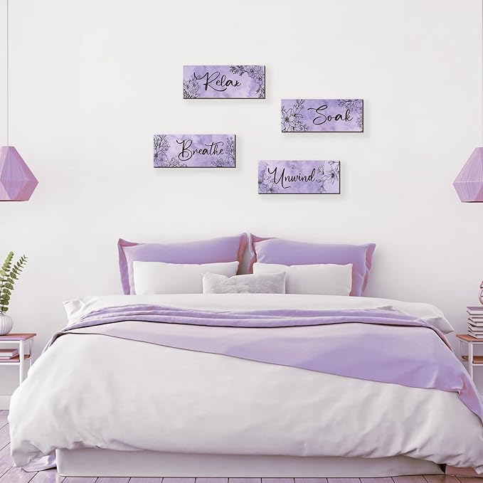 ONIZHITY 4-Piece Purple Floral Wall Art - Wooden Decor with Relax Soak Unwind Breathe Positive Hanging Art for Women's Bedroom & Living Room (10x4 Inches)