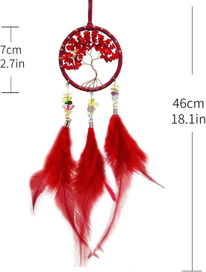 Red Mini Dream Catcher for Car, Handmade Tree of Life with Feathers Small Dreamcatcher Wall Hanging Ornament Bedroom Room Decor Festival Gift