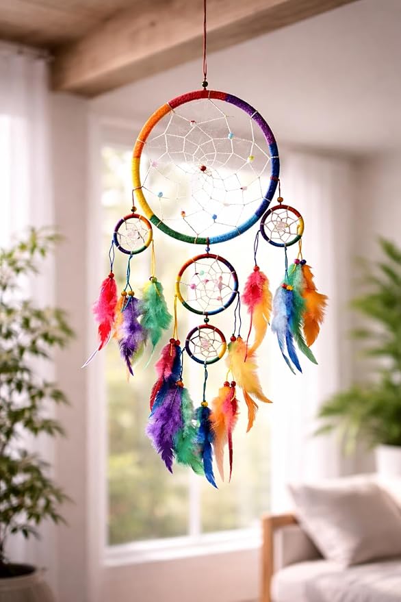 OMA Rainbow Chakra Dream Catcher Wall Decor – Handcrafted Dream Catcher with Multicolor Tie Dye Feathers for Bedroom, Living Room, Dorms & Gift – 7" Diameter x 22" Long