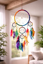 OMA Rainbow Chakra Dream Catcher Wall Decor – Handcrafted Dream Catcher with Multicolor Tie Dye Feathers for Bedroom, Living Room, Dorms & Gift – 7" Diameter x 22" Long