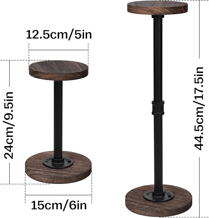 2 Pcs Tabletop Hat Stand Cap with Height Adjustment, Industrial Metal Pipe Rustic Burnt Wood Hat Rack, Wig Rack or Jewelry Display Riser