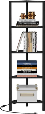 TUTOTAK Corner Shelf with LED Light, 5-Tier Corner Bookshelf for Small Space, Narrow Display Corner Shelf Stand with Storage Rack, for Living Room, Bedroom, Black BS05BK005L