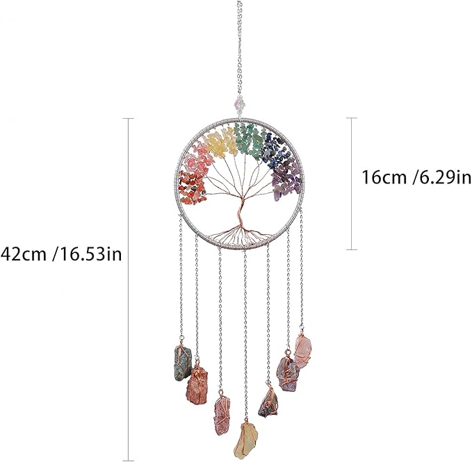 Tree of Life Dream Catchers with Crystal 7 Chakra Gemstone Dream Catchers Color Natural Gem Raw Stone Wall Hangings Room Garden Dreamcatchers Decor(Silver)