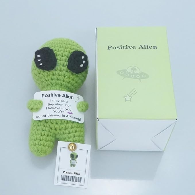 Positive Alien Crochet Plush with Message Affirmation Card - Appreciation Birthday Gift for Women Men, Her Him, Teen, Boy Girl, Inspirational College High School Graduation Congrats Grad Decoration