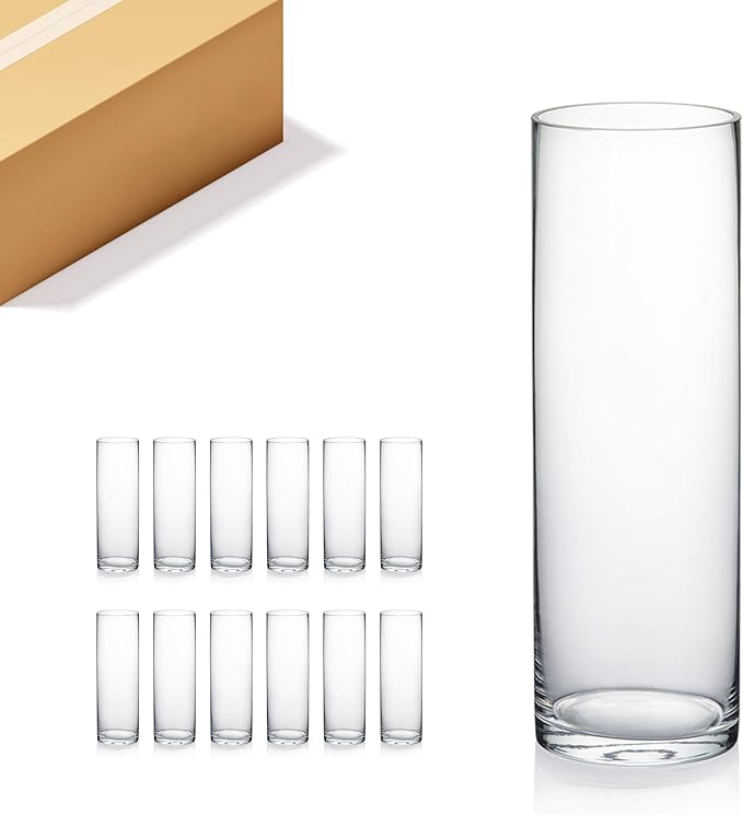 WGVI Quality Thick Weighted Clear Cylinder Glass Vases, 4" W x 12" H, Flower Arrangement Floating Candle Holders Wedding Centerpiece Terrarium Planter Floral Storage Container, Bulk Wholesale, 12 Pcs