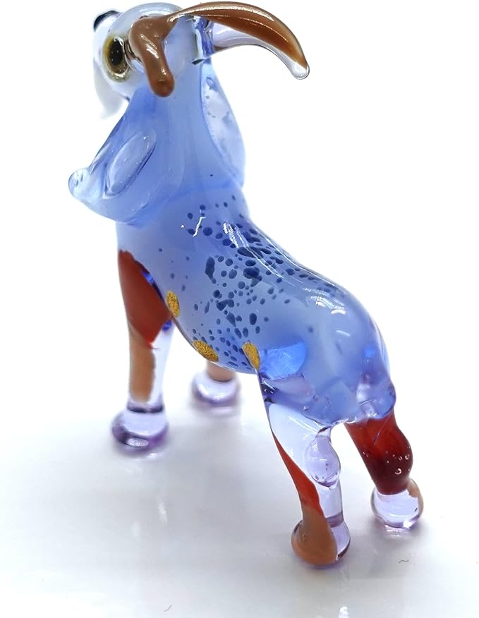 Goat Micro Tiny Figurines Hand Blown Glass Art Animals Collectible Gift Home Décor (Blue Brown)