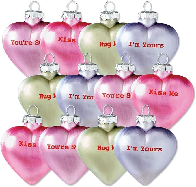 Lillian Vernon Pastel Candy Conversation Hearts Valentines Ornaments - 12-Piece Assortment, Blown Glass, Handcrafted Hanging Tree Decorations, Pastel Heart Holiday & Party Decor, 2.5 in Tall