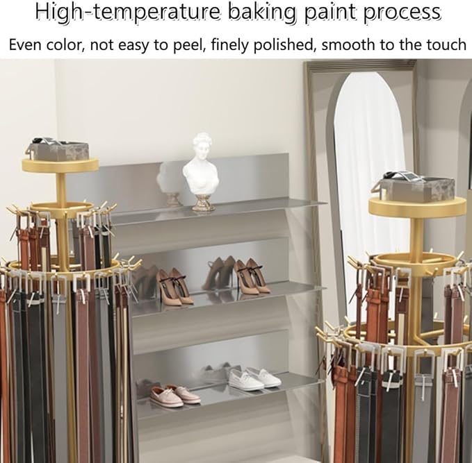 Floor Standing Belt Retail Rack, Rotating Belt Display Stand with Wheels, Metal Retail Display with Bottom Round Storage Basket, Commercial Retail Display Racks(Gold)