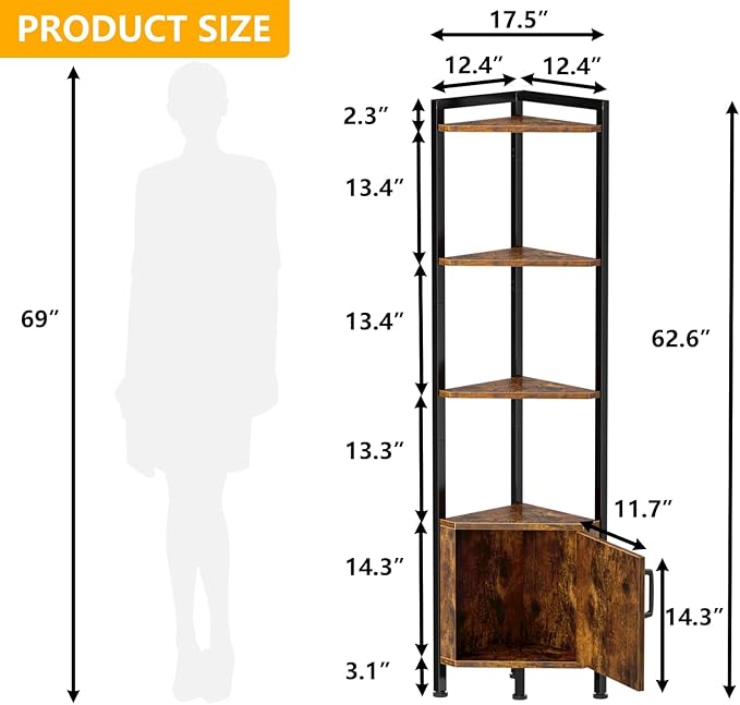 Furnulem Corner Shelf,5-Tier Corner Cabinet with Storage and LED Light, 62.8” Standing Display Bookshelf for Bedroom, Living Room, Kitchen, Wood Display Shelf (Rustic Brown)