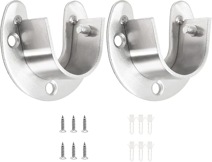 2 Packs Stainless Steel Closet Rod End Supports 1-1/3 Inch Wardrobe Bracket Heavy Duty Closet Pole Sockets Flange Rod Holder, U-Shaped with Screws, Silver
