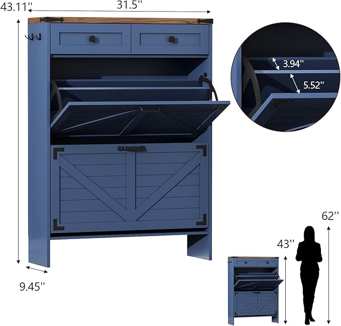 Shoe Cabinet with 2 Flip Drawers, Hidden Shoe Storage Cabinet with 2 Pull-Out Drawers, Farmhouse Shoe Organizer for Entryway, Narrow Shoe Rack for Front Door Entrance, Blue