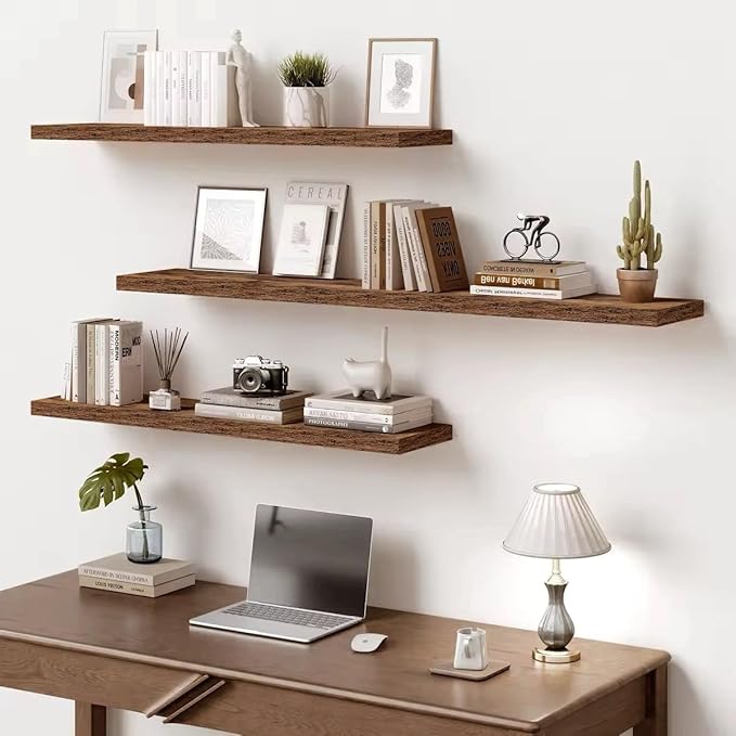 Vivelove 10 Inch Deep Floating Shelves 24 inch Long, 24 x 10 Wide Wall Shelves with Invisible Brackets, for Bedroom Bathroom Living Room Kitchen Office, Farmhouse Home Decor, Set of 2, Rustic Brown