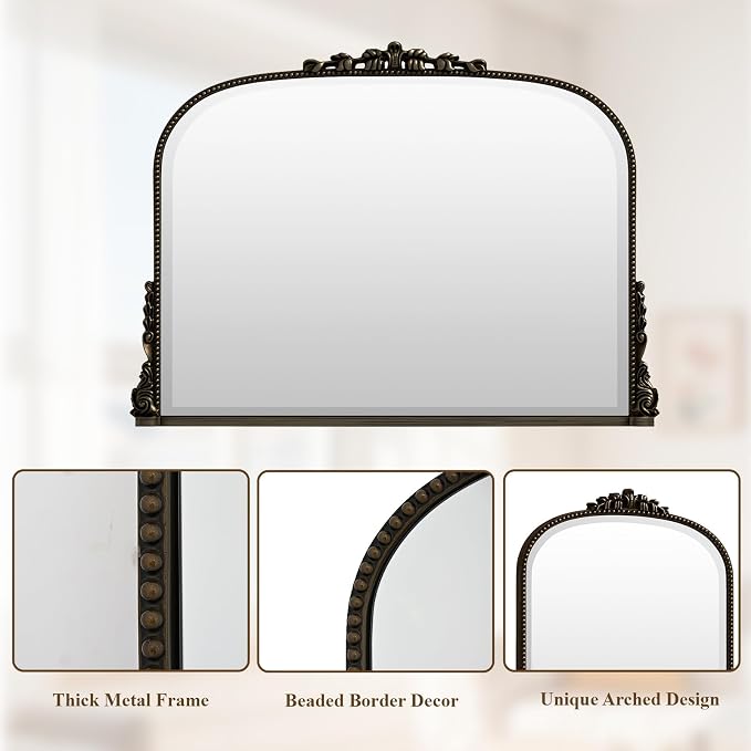 Wall Beaded Mirror, 36 x 27 Inch Round Top Right Angle Wall Mirror, Tempered Glass, Rust Resistant, Horizontally or Vertically Hanging, Bronze