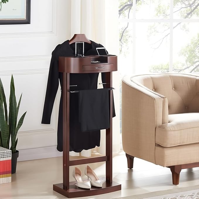 Wooden Suit Valet Stand with Drawer, Top Tray Freestanding Suit Stand with Contour Hanger, Trouser Bar, Tie & Belt Hooks Clothing Rack for Entryway Office Living Room(Standing Brown)