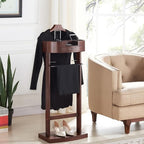 Wooden Suit Valet Stand with Drawer, Top Tray Freestanding Suit Stand with Contour Hanger, Trouser Bar, Tie & Belt Hooks Clothing Rack for Entryway Office Living Room(Standing Brown)
