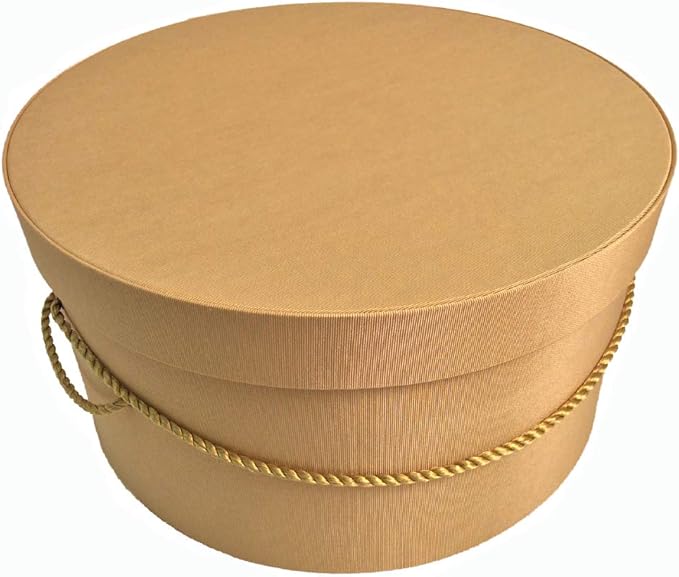 Sarah's Hat Boxes Classic Gold Hat Box – 8.75" x 4.5" (Dia. x Ht.) Handmade in USA – Odorless Non-Toxic Adhesive, Cording Handle – Premium Storage for Hats & Accessories