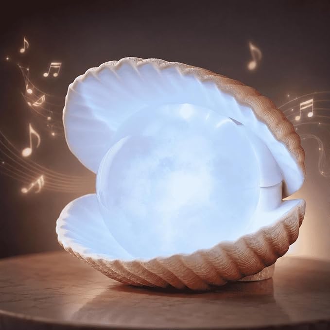Seashell Pearl Night Light Ocean Sea Shell Snow Globe with Music and 6H Timer, USB & Battery Powered, Decorative Shell Night Light for Adult Kid Bedroom Living Room Coastal Decor Ideal Gift (Seashell)