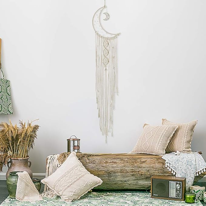 MOONFLY Dream Catcher with Handmade Moon Star Design Woven Cotton Macrame Wall Hanging Boho Home Decoration Ornament Craft Gift for Bedroom Living Room Wedding Party (White Moon)