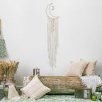MOONFLY Dream Catcher with Handmade Moon Star Design Woven Cotton Macrame Wall Hanging Boho Home Decoration Ornament Craft Gift for Bedroom Living Room Wedding Party (White Moon)