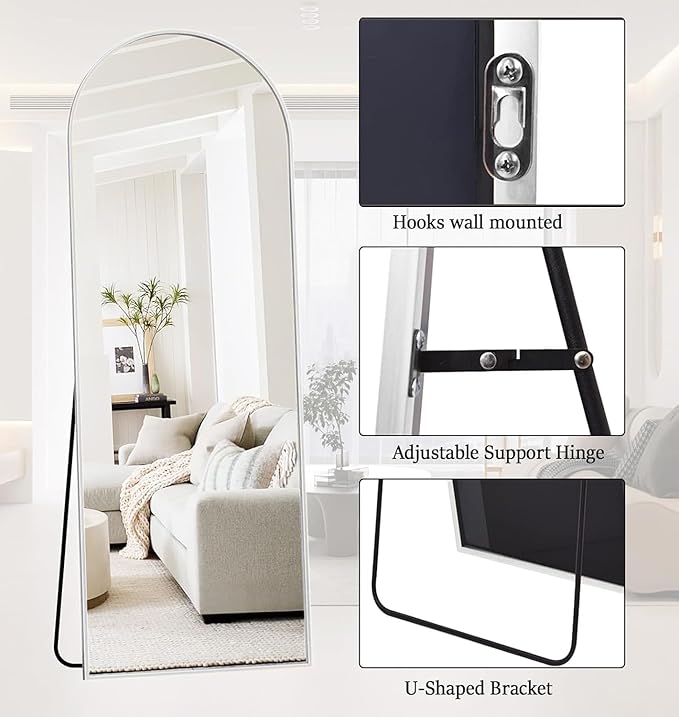 Prywot Arched Full Length Mirror, 70"x26" Free Standing Floor Mirror, Modern Full Body Mirrors with Stand, Wall Mirrors with Aluminum Alloy Frame for Bedroom,Living Room, White