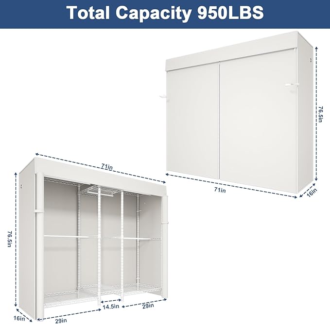Ulif E12C Pro Heavy Duty Closet Organizer System，Freestanding Clothing Racks for Hanging Clothes，Adjustable Garment Rack 71"W x 16"D x 76.5"H Hold 960lbs，White Clothing Rack with White Dustproof Cover