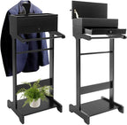 Wooden Valet Stand for Men, Black Suit Valet Stand with Drawer, Suit Rack, Shoe Shelf, Valet Clothes Stand Clothing Rack Used in Entryway, Office, Living Room