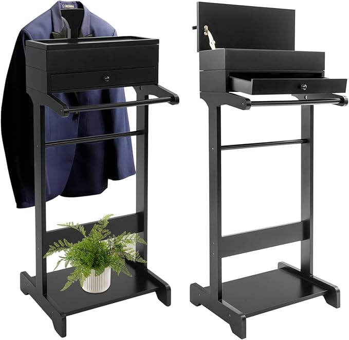 Wooden Valet Stand for Men, Black Suit Valet Stand with Drawer, Suit Rack, Shoe Shelf, Valet Clothes Stand Clothing Rack Used in Entryway, Office, Living Room