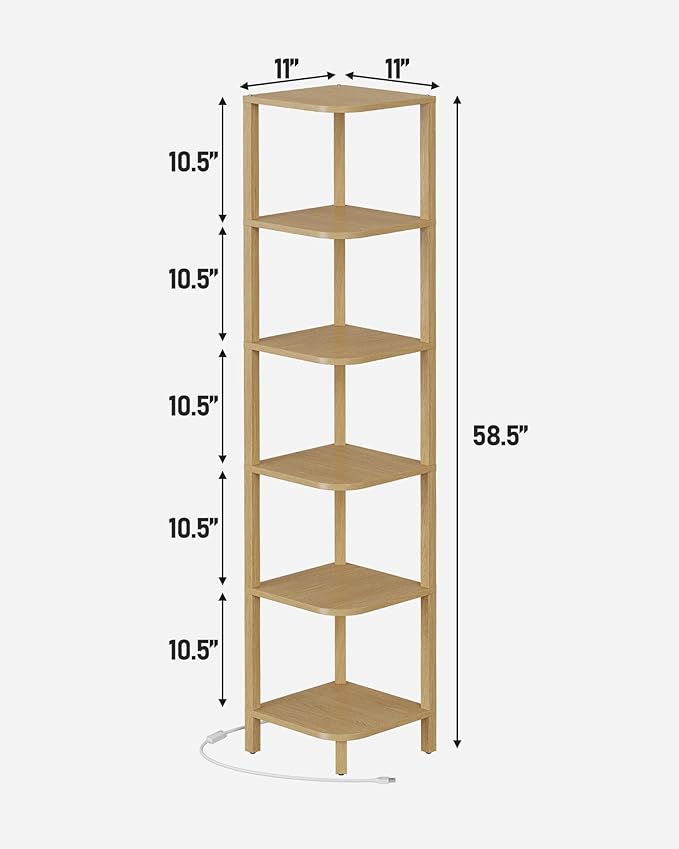 TUTOTAK Corner Shelf with LED Light, 6-Tier Corner Bookshelf for Small Space, Narrow Display Corner Shelf Stand with Storage Rack, for Living Room, Bedroom, Natural BS08BN006L