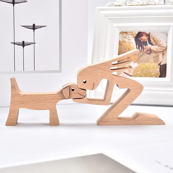 ISHINE Wood Decor Wooden Statue Man and Dog Figurine Handmade Carved Creative Home Office Gift for Men Women Accents Decoration Natural ECO Friendly 7x3 inches (C-Woman Kisses Dog)